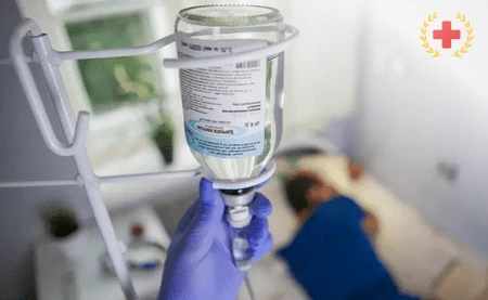 Капельница и пациент в больничной палате